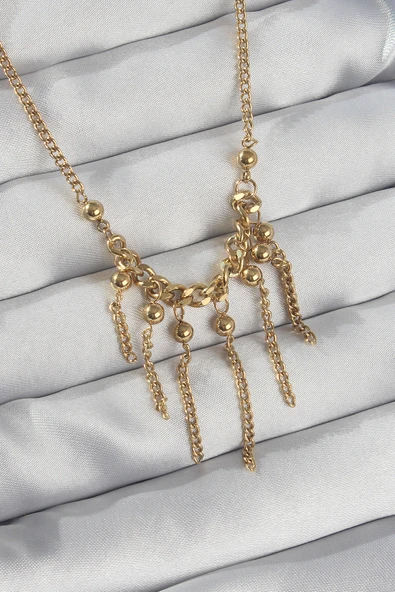 316L Çelik Zincir Gold Renk Topçuk Detay Sallantılı Zincir Kolye - EBJ240807W25488 ürün görseli