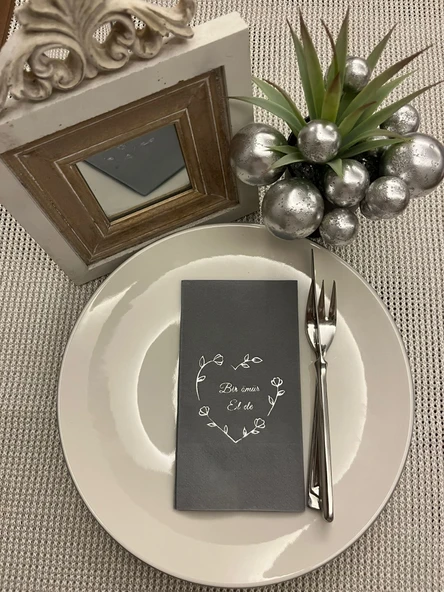 Gümüş Yaldızlı Gri Bir Ömür El Ele Peçete 16 Adet ürün görseli 1