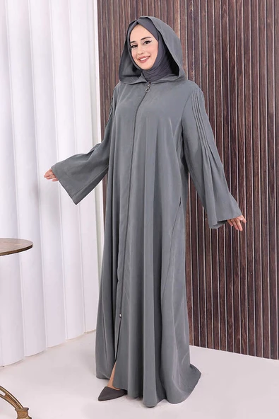 Fermuarlı Kapüşonlu Ferace 70016 Füme - Resim 3