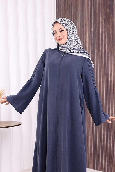 Fermuarlı Kapüşonlu Ferace 70016 Lacivert - Resim 8