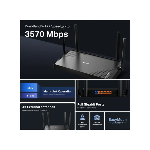 TP-Link Archer BE220 4 Port 3600 Mbps Router - Resim 5