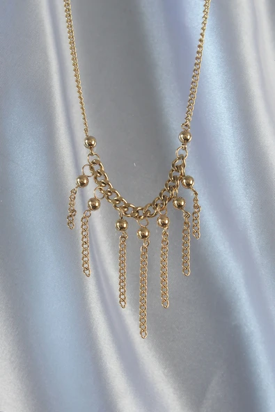 316L Çelik Zincir Gold Renk Topçuk Detay Sallantılı Zincir Kolye - EBJ240807W25488 - Resim 2