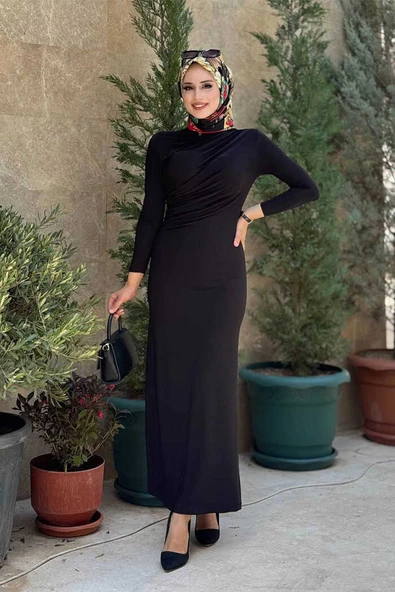 Büzgü Detaylı Sandy Elbise 3970 Siyah