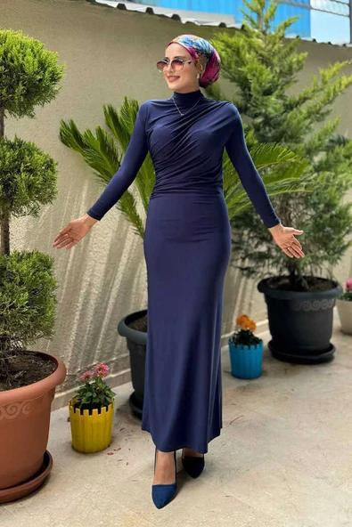 Büzgü Detaylı Sandy Elbise 3970 Lacivert