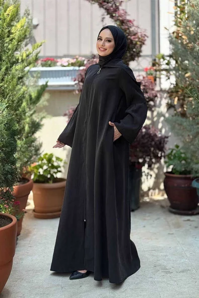 Fermuarlı Kapüşonlu Ferace 70016 Siyah - 3