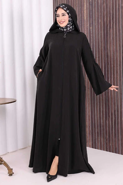 Fermuarlı Kapüşonlu Ferace 70016 Siyah - Resim 3