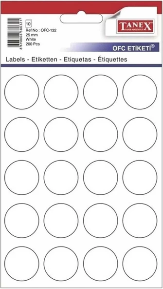 Tanex Ofis Etiketi Poşetli Yuvarlak 25 MM Beyaz OFC-132