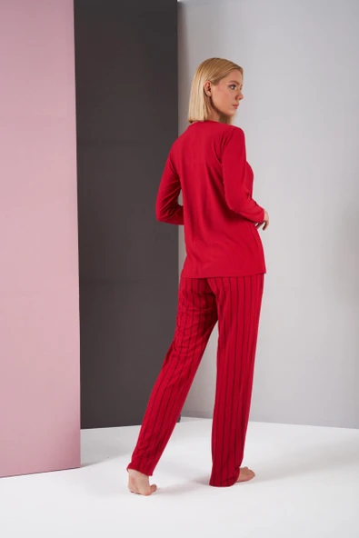 Pjs 26001 Kadın Saten Düğmeli Yaka Cepli Uzun Kollu Pijama Takım - 3