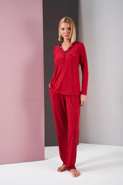 Pjs 26001 Kadın Saten Düğmeli Yaka Cepli Uzun Kollu Pijama Takım