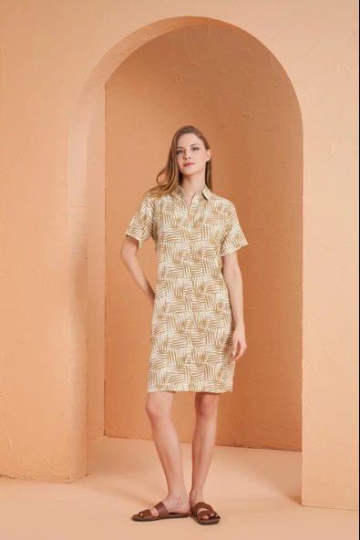 Pjs Kadın Bej Desenli Gömlek Yaka Kısa Kol Viskon Elbise