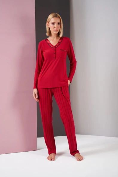 Pjs 26001 Kadın Saten Düğmeli Yaka Cepli Uzun Kollu Pijama Takım - 2