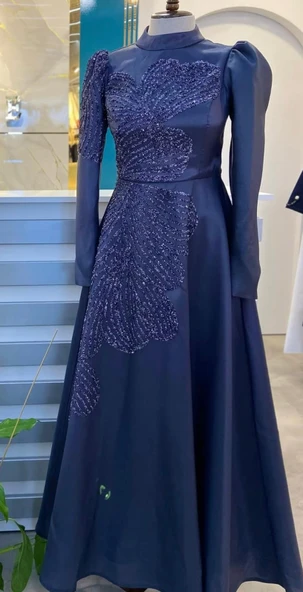 25Y4993 HENNİN ABİYE ELBİSE SİMLİ KUMAŞ PRENSES MODEL TAŞ İŞLEMELİ