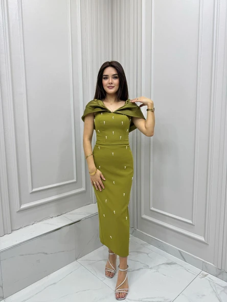 25Y4041 HENNİN ELBİSE AÇIK ABİYE STRAPLEZ KALEM İNCİ DETAYLI