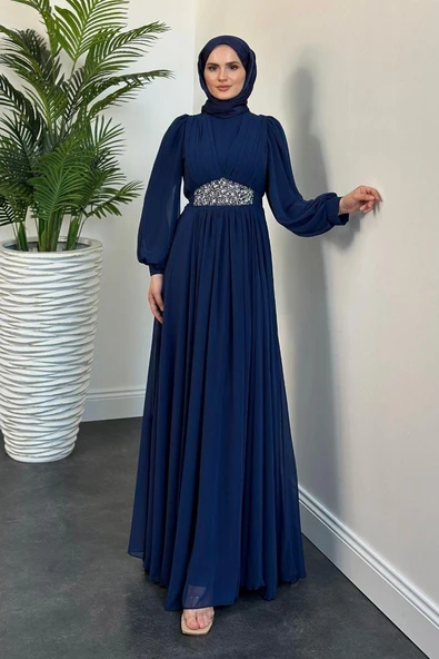 25Y4515 ABİYE ELBİSE ŞİFON BELİ TAŞ DETAYLI