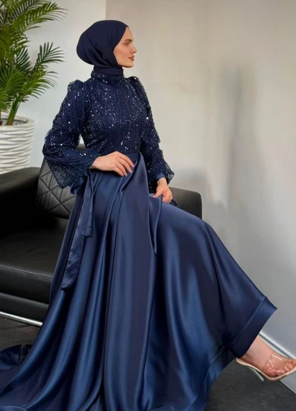 25Y4667 ABİYE ETEĞİ SATEN ÜSTÜ BONCUK PUL İŞLEMELİ