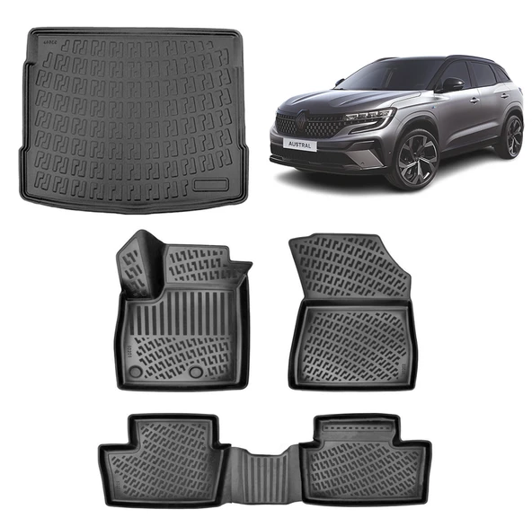 Rizline Renault Austral Mild Hybrit 2023 + 3D Havuzlu Paspas Siyah ve Bagaj  Havuzu Set