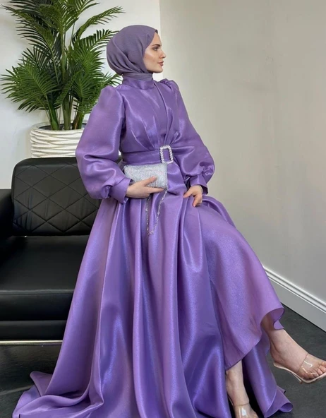 25Y4529 ELBİSE ABİYE TAFTA KUMAŞ PRENSES MODEL BALON KOL