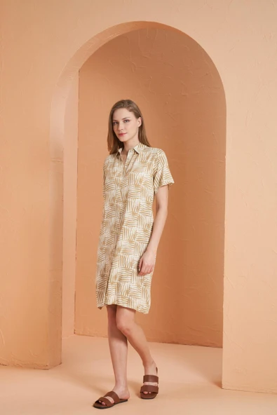 Pjs Kadın Bej Desenli Gömlek Yaka Kısa Kol Viskon Elbise - 2