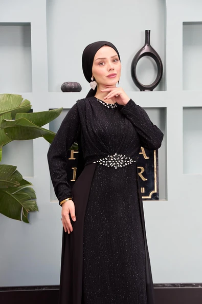 25Y4443BB ELBİSE ABİYE OMUZ VE BEL TAŞ İŞLEMELİ ARKASI ŞİFON - 4