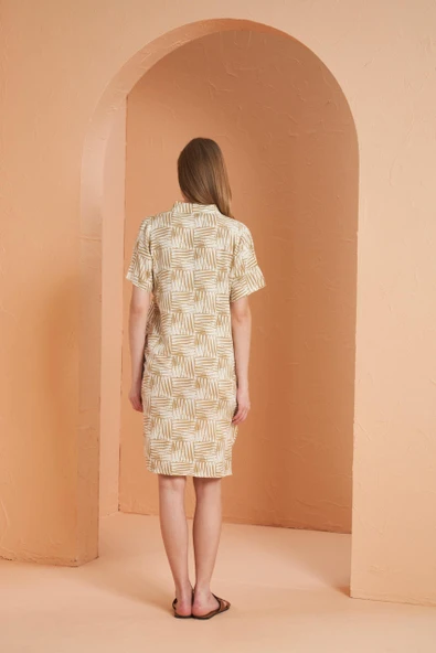 Pjs Kadın Bej Desenli Gömlek Yaka Kısa Kol Viskon Elbise - 4
