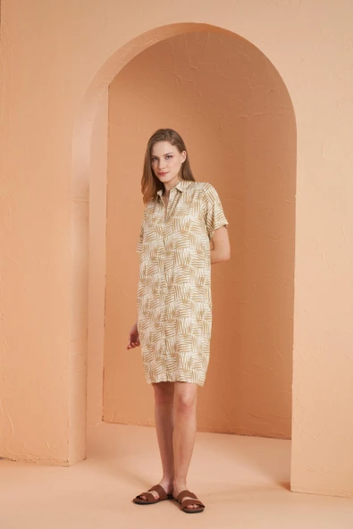 Pjs Kadın Bej Desenli Gömlek Yaka Kısa Kol Viskon Elbise - 3
