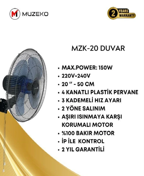 MUZEKO MZK-20 Ev ve Ofisler İçin 2 Salınımlı 4 Kanatlı Duvar Tipi Vantilatör - 2