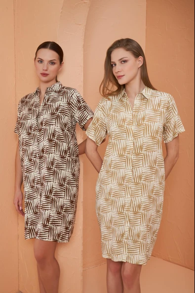 Pjs Kadın Bej Desenli Gömlek Yaka Kısa Kol Viskon Elbise - 5