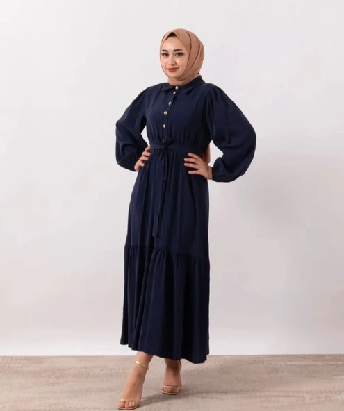 25Y9588 ELBİSE YARIM DÜĞME KAPAMA KOL LASTİKLİ