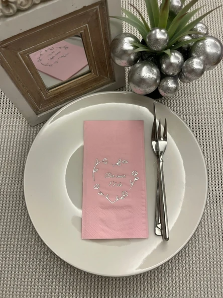 Gümüş Yaldızlı Pembe Bir Ömür El Ele Peçete 16 Adet