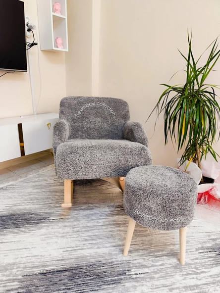 Berjer, Sallanan Ahşap Ayaklı  gri  Rengi Berjer Koltuk, sallanan Sandalye - Puf Hediyeli