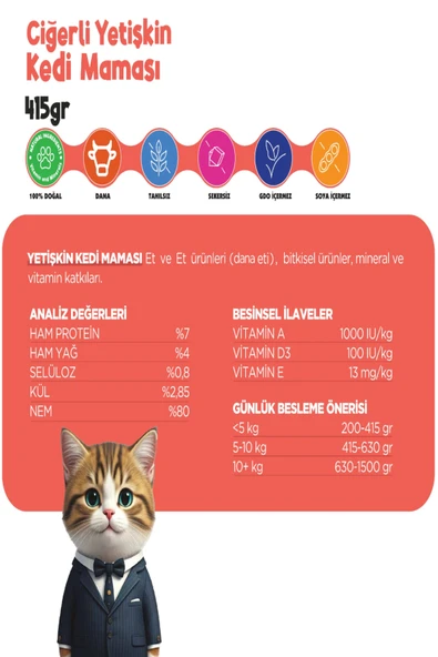 Kedi Yaş Mama Ciğerli Konserve Jöleli Premium Parça Etli Yemek Besleyici Tahılsız İçerik 24 x 415 gr - 3