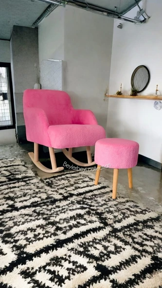 Berjer, Sallanan Ahşap Ayaklı pembe Rengi Berjer Koltuk, sallanan Sandalye - Puf Hediyeli