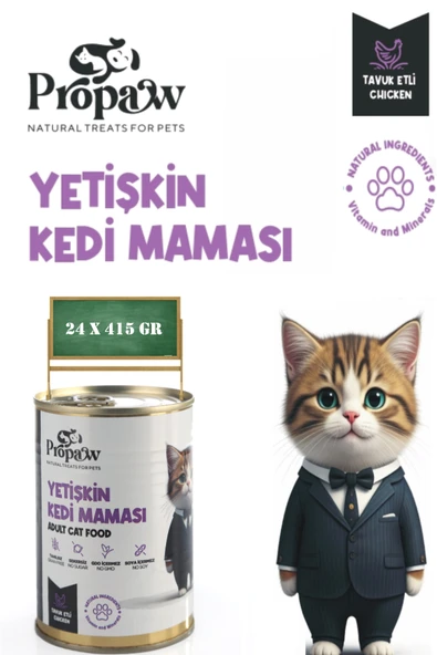 Kedi Yaş Mama Tavuklu Konserve Jöleli Premium Parça Etli Yemek Besleyici Tahılsız İçerik 24 x 415 gr