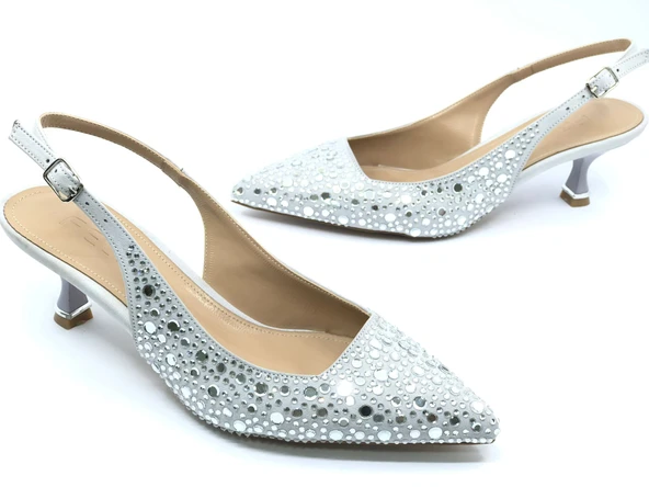 Feles Şeker Topuk Taş Detaylı Arkası Açık Stiletto Kadın Topuklu Ayakkabı - Resim 2