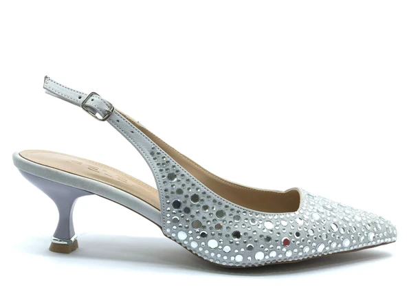 Feles Şeker Topuk Taş Detaylı Arkası Açık Stiletto Kadın Topuklu Ayakkabı - Resim 3