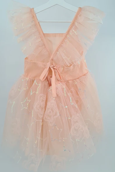 Kız Çocuk Pudra Yıldız Pul Desenli Tüllü Elbise ürün görseli 1