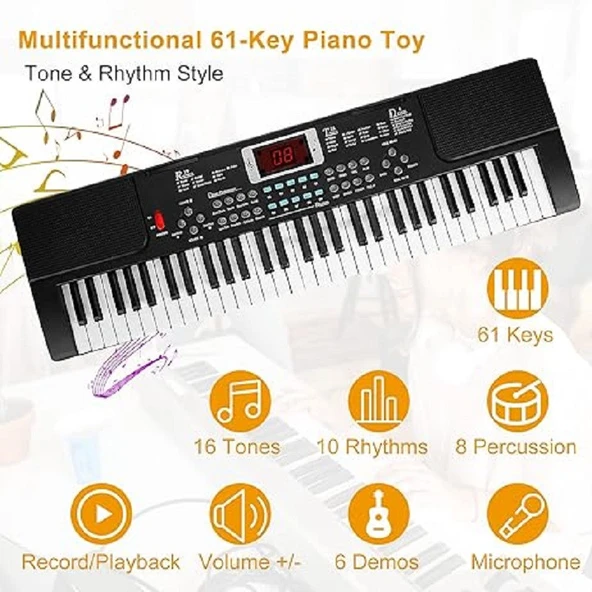 TechTic  BD-602 Elektronik Klavye Org Piyano Mikrofonlu Pilli Adaptörlü Başlangıç İçin 61 Tuşlu - 3