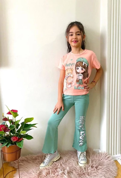 Happy Love Yazılı Turuncu Renk Kısa Kollu 2Li Kız Takım