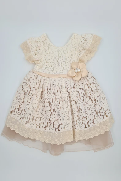 Kız Çocuk Bej Güpür Desenli Tütülü Çiçek aksesuarlı Tüllü Elbise - Resim 2