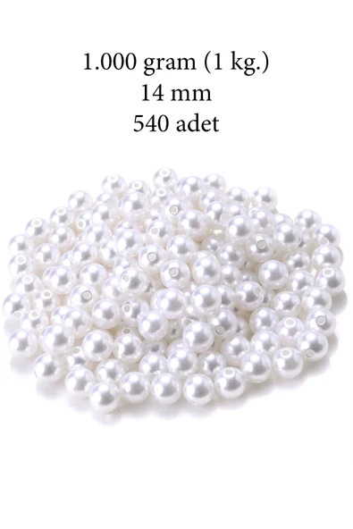 1.000 gram (1 kg.) 14mm Beyaz Renk Plastik İnci Boncuk Çanta ve Takı Yapım Boncuğu (~540 adet)