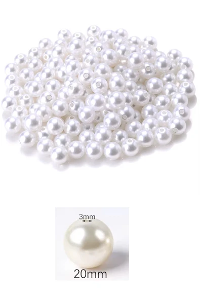 500 gram 20mm Beyaz Renk Plastik İnci Boncuk Çanta ve Takı Yapım Boncuğu (~100 adet) - 2