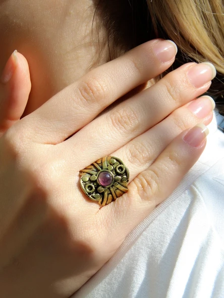 Doğal Taş Ametist Minimal Doğal Taşlı Kadın Antik Ayarlanabilir Yüzük euy57amt - Resim 2