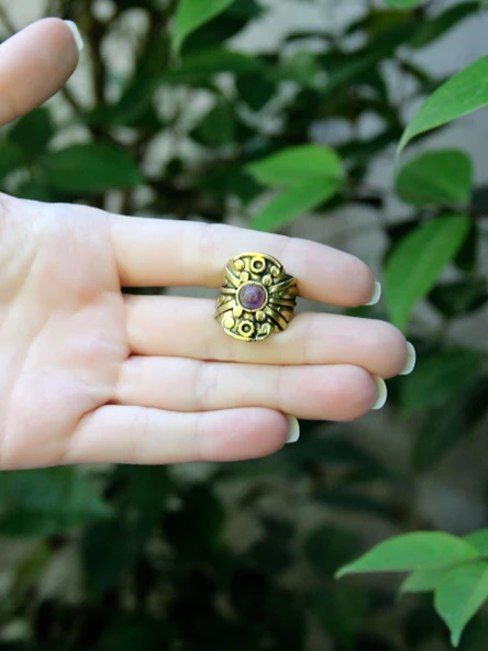 Doğal Taş Ametist Minimal Doğal Taşlı Kadın Antik Ayarlanabilir Yüzük euy57amt - Resim 3
