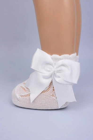 3'lü Kız Bebek Kurdele Fiyonk Detaylı Pembe Ekru Beyaz Soket Çorap - Resim 2