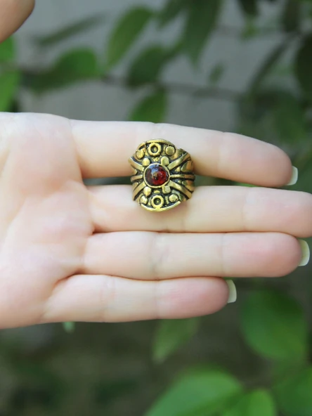 Doğal Taş Garnet Minimal Doğal Taşlı Kadın Antik Ayarlanabilir Yüzük euy57g - Resim 3