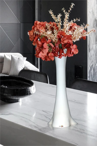 Eşsiz Hediyelik Uzun 60 cm Beyaz Vazolu Altın Yapraklı Turuncu Çiçekli Karışık Aranjman Buket Demet - 6