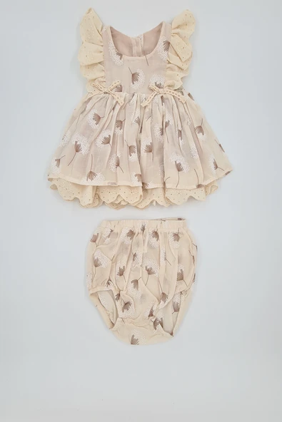 Kız Bebek Bej Çiçek Desenli Elbise Kilotlu Takım ürün görseli 1