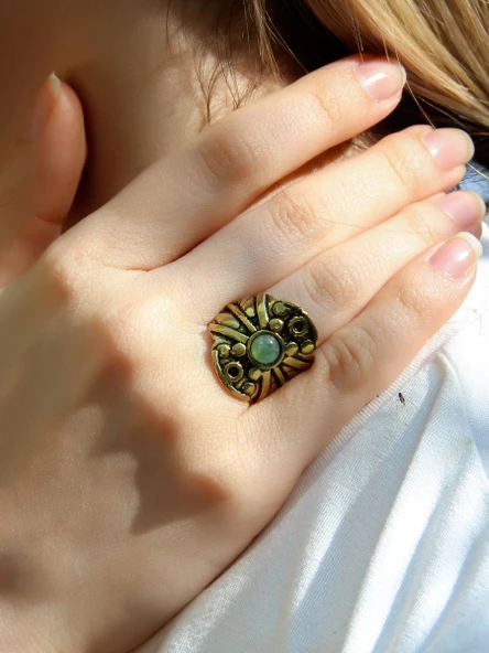 Doğal Taş Yeşil Akik Minimal Doğal Taşlı Kadın Antik Ayarlanabilir Yüzük euy57ya ürün görseli