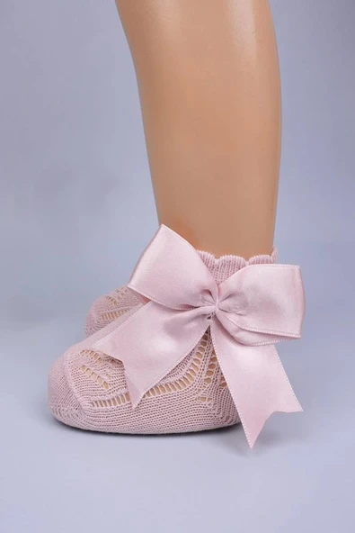 3'lü Kız Bebek Kurdele Fiyonk Detaylı Bej Gül Kurusu Beyaz Soket Çorap - Resim 2