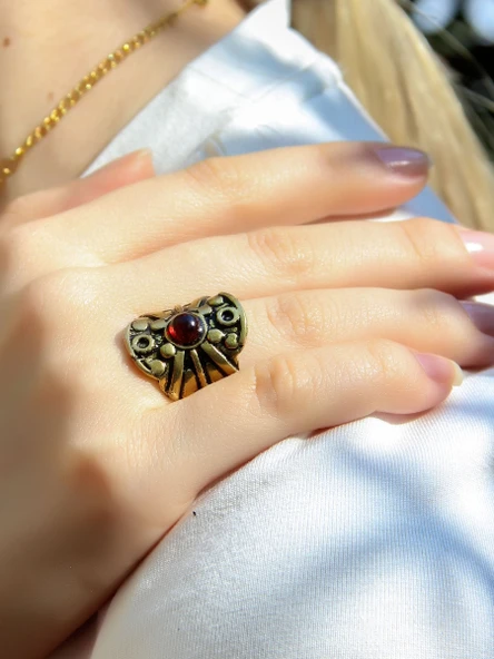 Doğal Taş Garnet Minimal Doğal Taşlı Kadın Antik Ayarlanabilir Yüzük euy57g - Resim 2